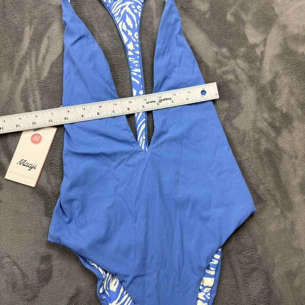 Maaji Swimsuit Womens Large Blue Reversible One Piece Plunge Ribbed Tropical - Picture 4 of 16